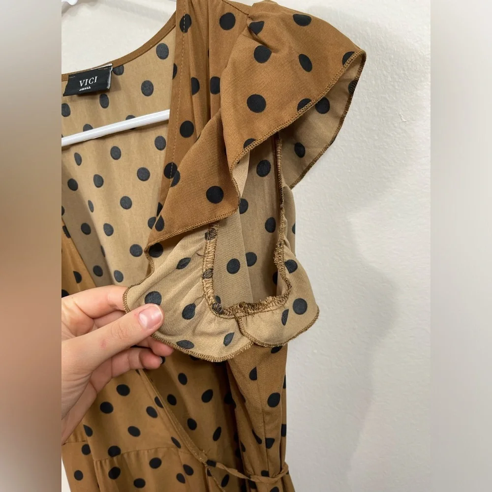 Brown Polka Dot Skirt VICI Mama Mia Polka Dotted Wrap Maxi Dress sz: Small Retro - Picture 7 of 16